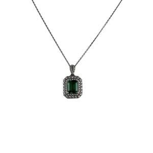 EC Sterling Silver Necklace 18" Dainty Chain Green Faceted Gemstone Pendant